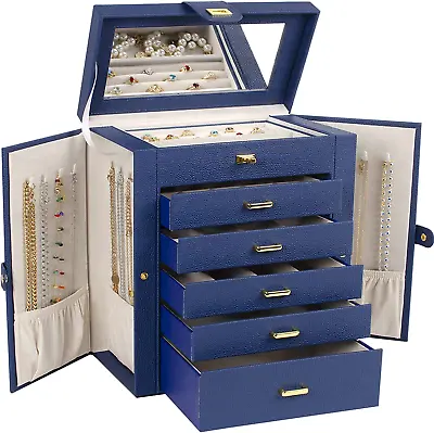 Large Jewelry Box Organizer Functional Lockable With Big Mirror Leather Jewelry • $78.99