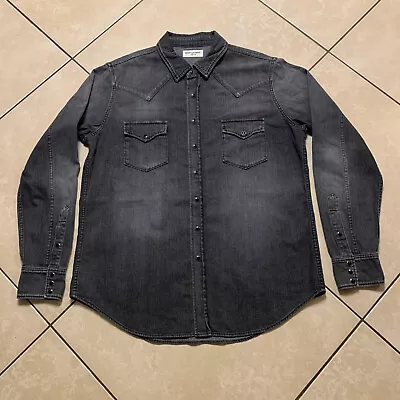 SAINT LAURENT Paris Western Long Sleeve Black Denim Shirt Size XL 180/104A YSL • $299.95