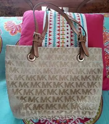 Authentic Michael Kors Jet Setter Signature Tan Canvas Tote Bag Purse W/ Brown L • $80.91