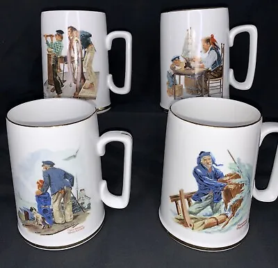 Vintage 1985 Norman Rockwell Museum Coffee Mugs Cups Set Of 4 White W/ Gold Trim • $8