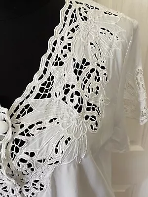 Vintage 80s Top Lace CutWork Hand Made Blouse 12-14 Eyelet Embroidery Boho Indi • $50.83