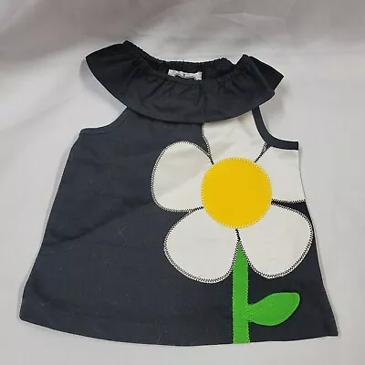 Mud Pie Infant Girl Black Dress Top Appliqued White Yellow Flower Size 0-6 M • $14