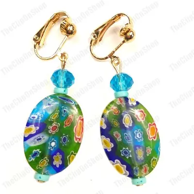 CLIP ON Turquoise Blue MILLEFIORI GLASS DROP EARRINGS Gold Tone Clips MULTI Bead • £4.99