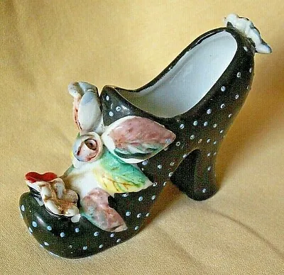 Shoe Figurine Vintage Japan Black White Polka Dot Flower High Heel Pump Retro* • $13.99