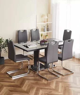 Dining Table Set Grey Glass And Grey High Gloss Rectangle 6 Faux Leather Chairs • £309