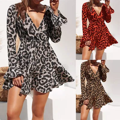 £13.39 • Buy Ladies Leopard Print Kaftan Mini Dress Sexy V Neck Tie Shirt Beach Dress Summer