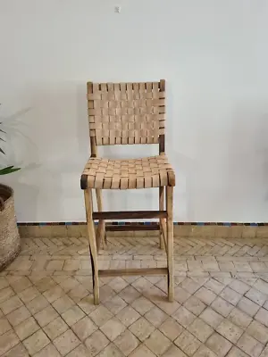 Moroccan Bar Stool In Walnut Wood Seated In Camel Leather  Kitchen Chairs • $390