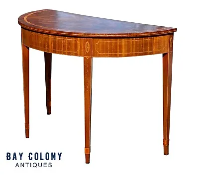 20th C Antique Mahogany Demilune Console Table W/ Satinwood Bellflower Inlays • $2475