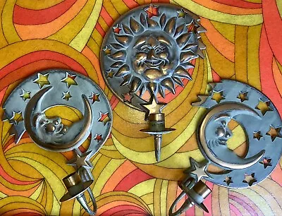 Vintage Party Lite Celestial Sun Moon Lot Of 3 Wall Metal Patina Candle Holders • £42.41