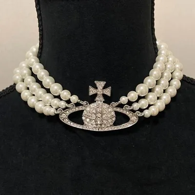 Vivienne Westwood Orb Triple Pearl Choker Necklace Silver Outlet Authentic • $118.99
