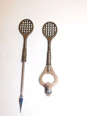 Vintage Tennis Racket Chrome Bar Cocktail Set Bottle Opener And ICE Pick • $12.99