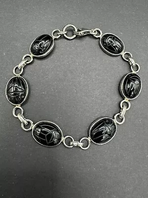 Vintage 7” Sterling 925 Silver Carved Scarab Bracelet - Black Onyx Stones • $16.50