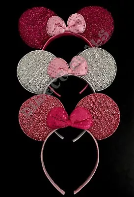 3 Minnie Mouse Ears Headband Sparkly Fuchsia Pink Silver Birthday Party Favors • $7.95