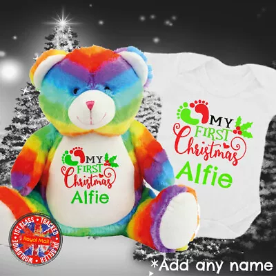 Matching Teddy Personalised Set Christmas Santa Pengiun Snowman Reindeer Rainbow • £24.99