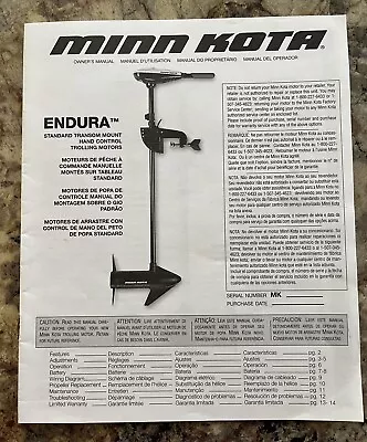 Minn Kota Endura Std Transom Mount Hand Control Trolling Motors Owner's Manual • $7.50