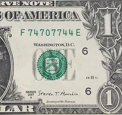 Trinary Fancy Serial Number One Dollar Bill F74707744E FW Print 4s 7s • $5