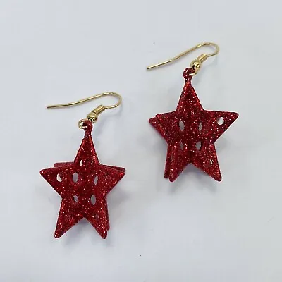 Red Tone Glitter Three Dimensional 3D Star Design Drop Dangle Hook Earrings  • $8.99