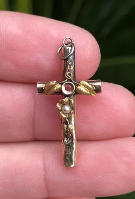 Antique Victorian Edwardian 9k Yellow Gold & Seed Pearl Stanhope Cross Pendant • £143.60