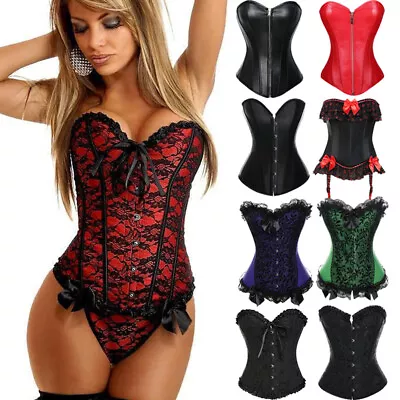 Women Steel Boned Corset Burlesque Basque Costume Overbust Lingerie Lace Up Top • £21.79