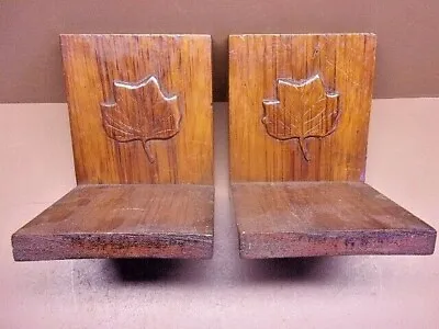 Vintage Pair Of Hand Carved Wooden Bookends Bas Relief Maple Leaves Very Cool! • $24.99