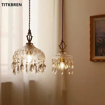 French Style Vintage Small Chandelier Brass K9 Crystal Glass Shade Pendant Light • $64.99