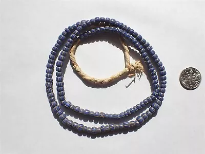 Antique Striped Pony Trade Beads Blue W Yellow/Cobalt - 5-5.5mm - Strand • $24