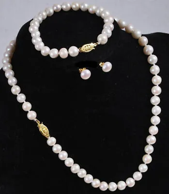 Real Natural 7-10MM White Akoya Cultured Pearl Necklace Bracelet Earring Set AAA • $9.99