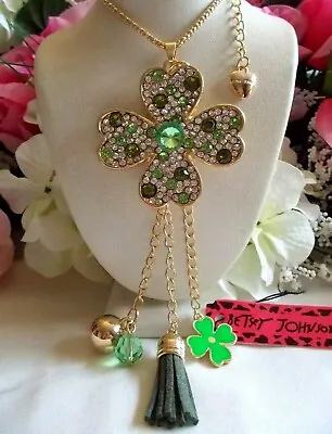 Betsey Johnson Lucky Four Leaf Clover Crystal Inlay Charm Dangle Necklace • $31.99