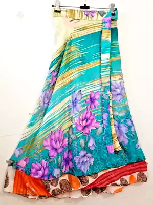 Vintage Sari Magic Wrap Skirt Moulticolor Boho Hippie Double Layer Skirt Maxi • $38.61