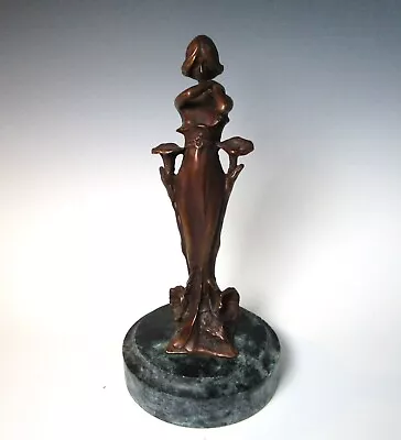 Art Nouveau Lady With Flower Bronze On Marble Statute Figurine Sculpture 9  • $95