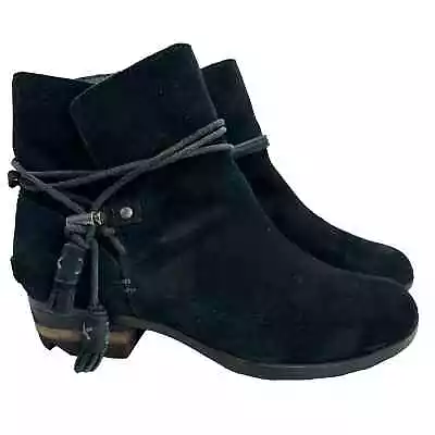 Sorel Womens Farah Real Suede Waterproof Tasseled Ankle Bootie Black Size US 9.5 • $48