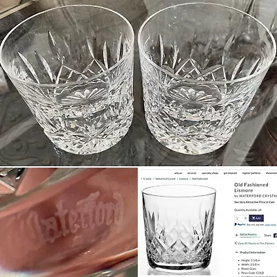 PAIR WATERFORD Crystal LISMORE 9oz OLD FASHIONED Whiskey Tumblers Vintage 3 3/8” • £75