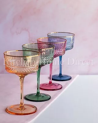 Multi-Coloured Art Deco Design Set/4 Couped Champagne Glasses With Gold Rim • $54.95