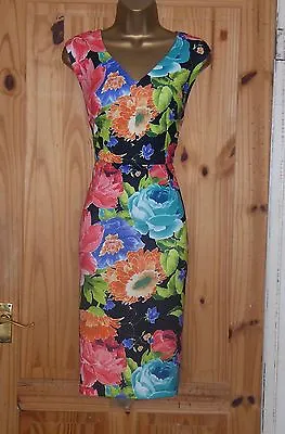 Black Pink Floral Stretchy Galaxy Pencil Wiggle Evening Party Dress Size 10 12 • £24