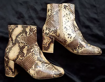 £14.99 • Buy Red Herring Ankle Boots Zip Block Heel Faux Snakeskin Beige Cream Brown Size 5