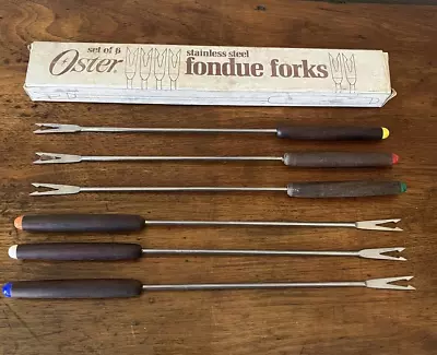 Oster Fondue Forks Stainless Steel Teak Wood Handles 10.5  Vtg Set Of 6 W/Box • $14.99