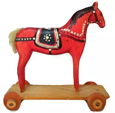 Vintage Wood Carved Horse On Wheels Poland • $40