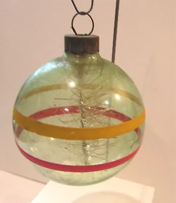 VTG Shiny Brite Unsilvered Green Glass Christmas Ornament Yelow PInk Stripe  • $25