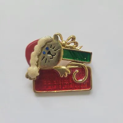$12 • Buy Vintage Brooch Pin Signed TC Holiday Christmas Cat Kitty Kitten Present Jewelry 
