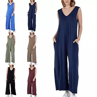 New Women Jumpsuit Sleeveless V-Neck Plain Casual Baggy Dungarees Playsuit Pants • £9.99