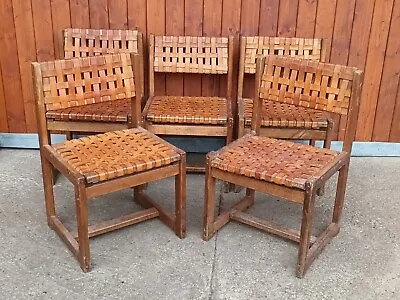 6x Dining Room Chairs Vintage Leather Oak Brutalist Retro Danish 60er • $1436.14