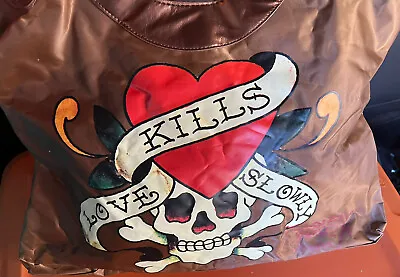 Ed Hardy 'Love Kills Slowly' Bronze Vintage Scull Tote Bag Purse Signed Don • $11