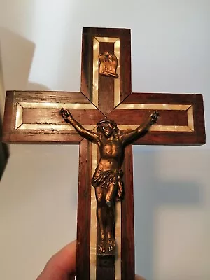 Antique French Large INRI Crucifix - Gilded Metal Jesus Wood Mother Of Pearl • £24.90