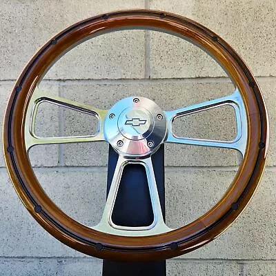 14  Billet Steering Wheel Mahogany Wood Black Rivets Chevy Bowtie Horn • $179.48