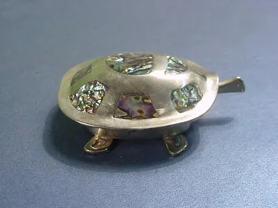 Vintage Alpaca Mexico  Inlaid Abalone Turtle Trinket Or Pill Lidded Box • $24.95