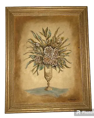 Vintage Oil Painting Oak Frame Floral Urn Vase Still Life Signed 16.5  X 20.5  • $49.99