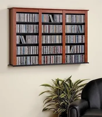 Cherry Finish Wooden Media Storage Cabinet CD DVD Organizer Wall Mount Shelf • $171.90