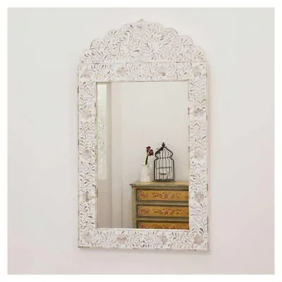 Antique Indian Handmade Mother Of Pearl Inlay White Floral Mirror Frame • $685