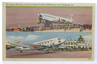 McKeesport Pittsburgh County Airport Pennsylvania PA Vintage Linen TWA Plane • $2.82