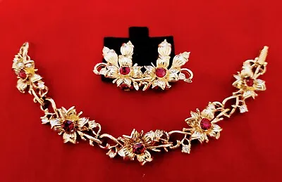 Gorgeous 1950's Vintage Heavy Gold-plated Red Rhinestone Bracelet Earrings Set • $24.95